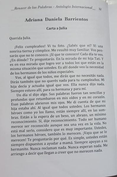 DANIELA BARRIENTOS: Obtuvo 3° Mención Especial en Narrativa, en el 72° Concurso Internacional de Poesía y Narrativa “Renacer de las Palabras”