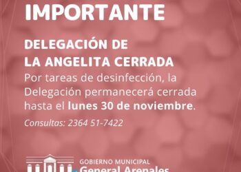 GENERAL ARENALES: LA ANGELITA CERRADA POR DESINFECCIÓN EL LUNES 30 DE NOVIEMBRE