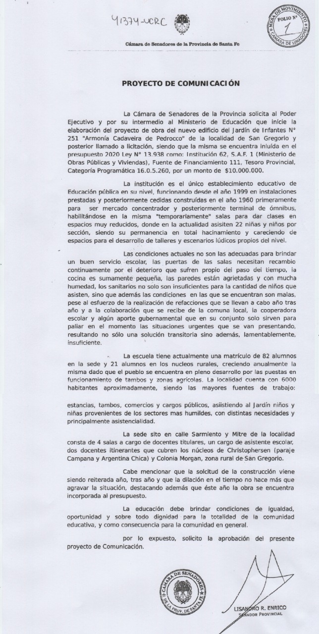 GESTIONES REALIZADAS PARA EL JARDÍN DE INFANTES N° 251: DESMENTIMOS A LA COMUNA DE SAN GREGORIO