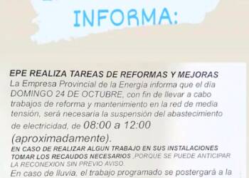 EL DOMINGO HABRA UN CORTE DE ENERGÏA DE 8 A 12 hs.