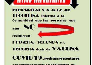 TEODELINA: LAS PERSONAS QUE AUN NO RECIBIERON LA 1° – 2° o 3° DOSIS PODRAN PRESENTARSE EN EL SAMCO