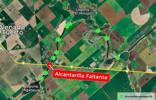 ORDENAMIENTO HÍDRICO: EJECUTAN ALCANTARILLA DEBAJO DE RUTA 8 PARA VINCULAR LAS LAGUNAS AGATAURA Y EL HINOJO
