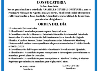 LA ASAMBLEA ORDINARIA DE LA COOPERATIVA DE AGUA POTABLE SE REALIZA EL 28 DE AGOSTO
