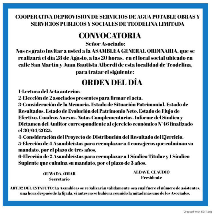 LA ASAMBLEA ORDINARIA DE LA COOPERATIVA DE AGUA POTABLE SE REALIZA EL 28 DE AGOSTO