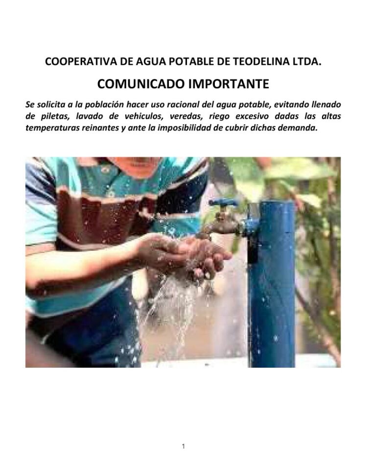 Teodelina: CUIDAR EL AGUA POTABLE ES VITAL