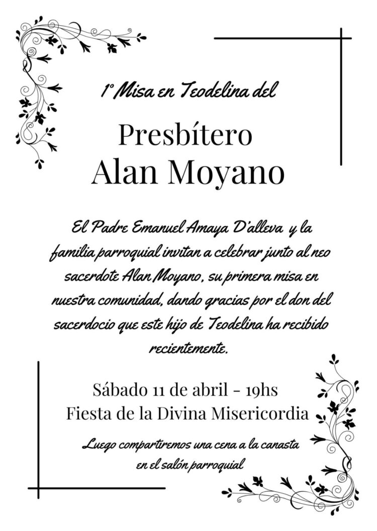 Teodelina: el 11 de Abril será la primera  Misa de Alan Moyano en Teodelina